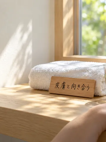 「皮膚と向き合う」の木札とタオルのある浴室の棚