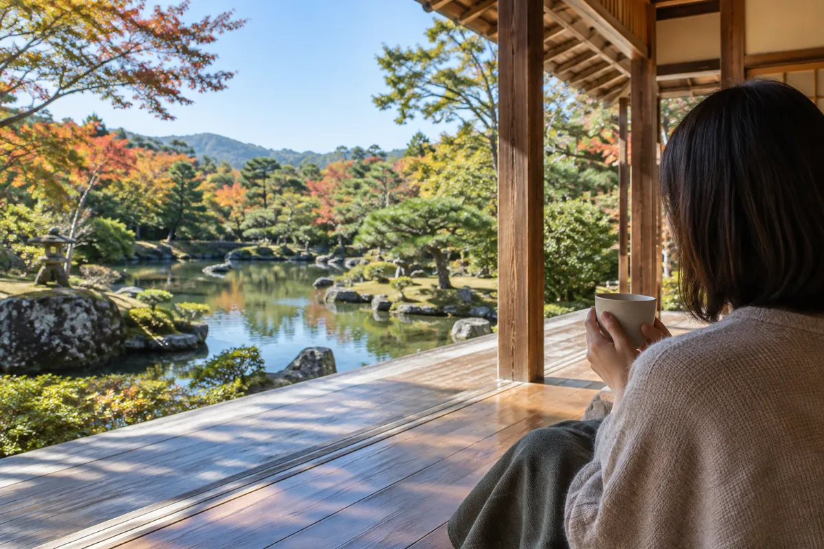 縁側から紅葉し始めた旅館の庭を眺める後ろ姿