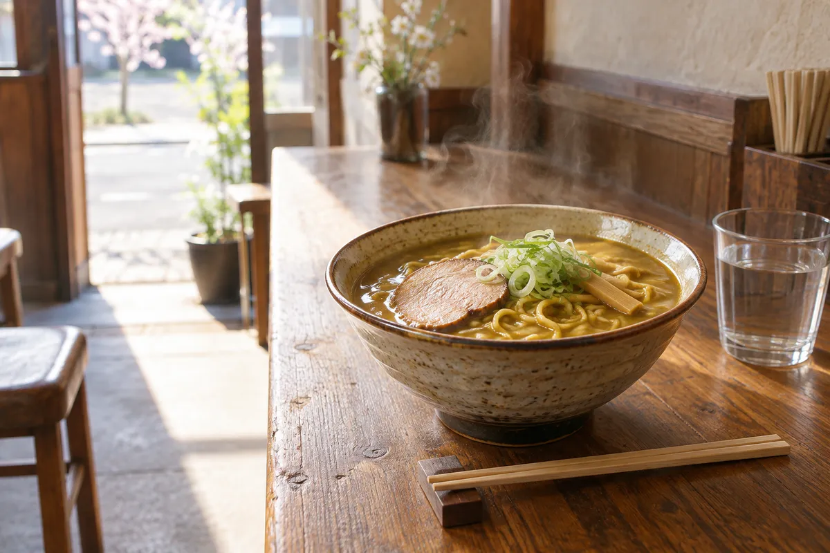 湯気の立つカレーラーメンの丼とカウンター