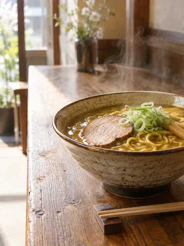 湯気の立つカレーラーメンの丼とカウンター