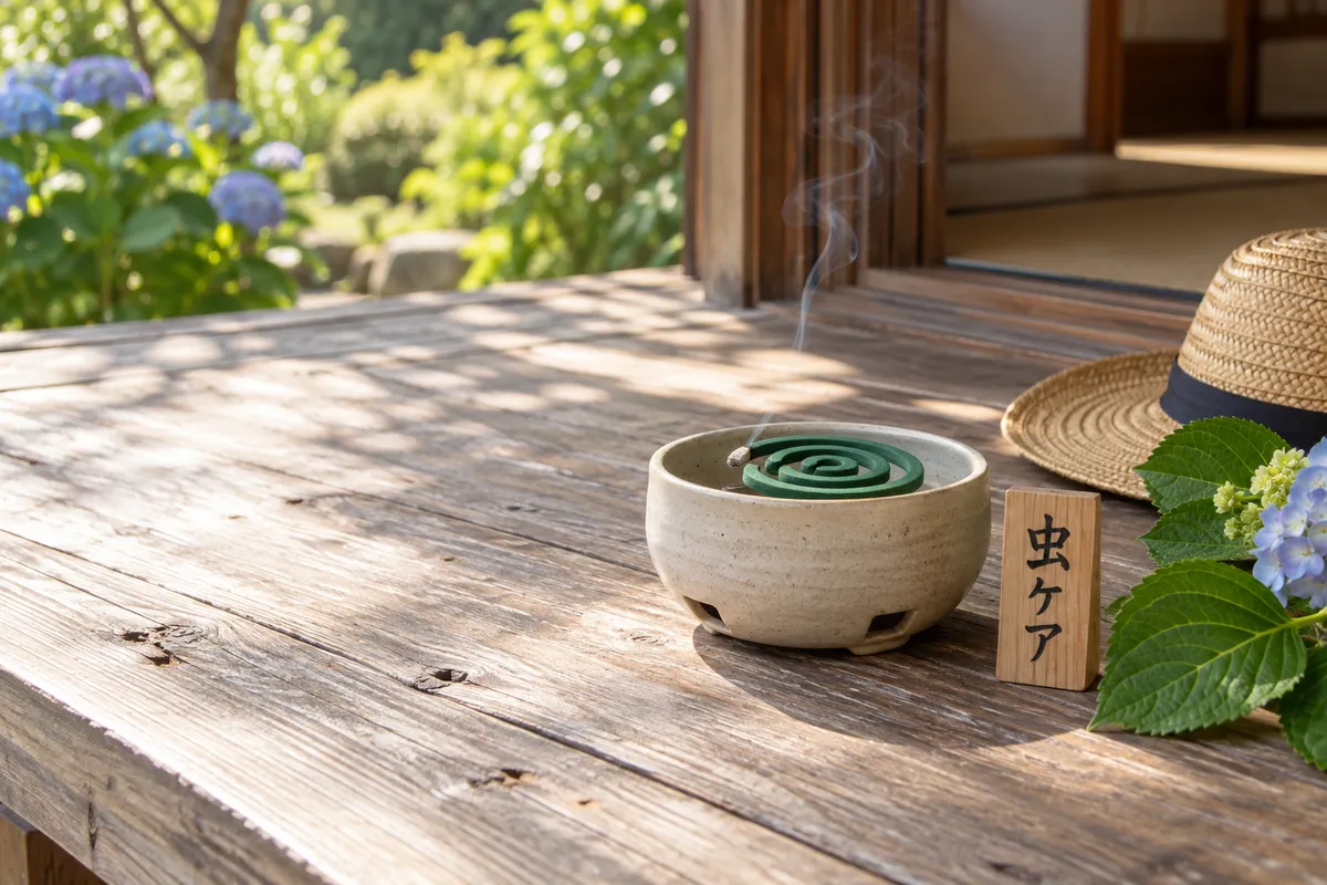 ベランダの床で煙を上げる蚊取り線香と虫ケアの木札