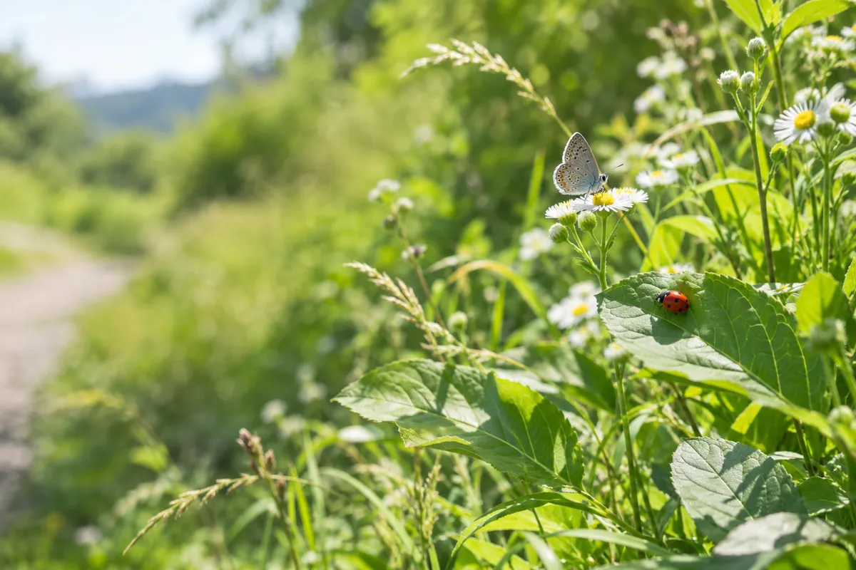 6月の草むらで葉にとまるてんとう虫と蝶