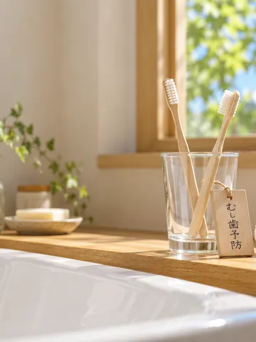 洗面台のコップの歯ブラシと「むし歯予防」の木の札