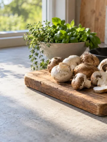 台所の板に並んだ白と茶色のマッシュルーム