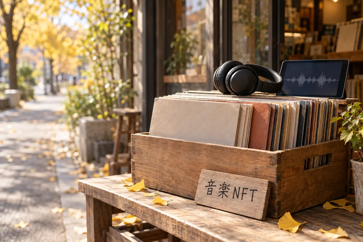 レコード箱とヘッドホン、「音楽NFT」と書かれた木札