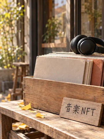 レコード箱とヘッドホン、「音楽NFT」と書かれた木札
