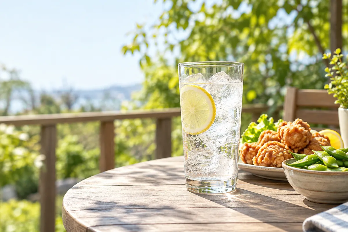 ベランダのテーブルに置かれた氷入りの炭酸飲料と唐揚げ、枝豆