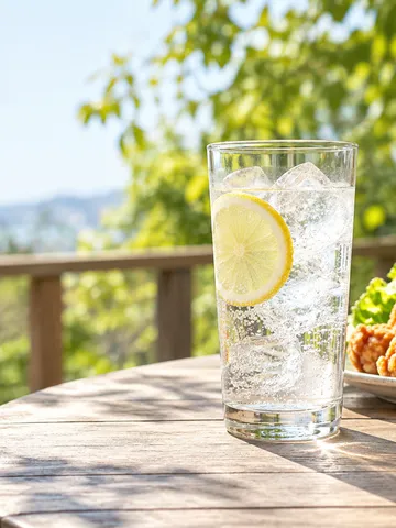 ベランダのテーブルに置かれた氷入りの炭酸飲料と唐揚げ、枝豆