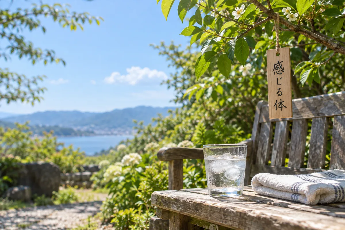 初夏の庭の木札と冷たい水のグラス、タオル