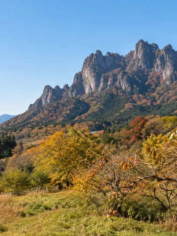 秋の麓から望む妙義山の岩峰