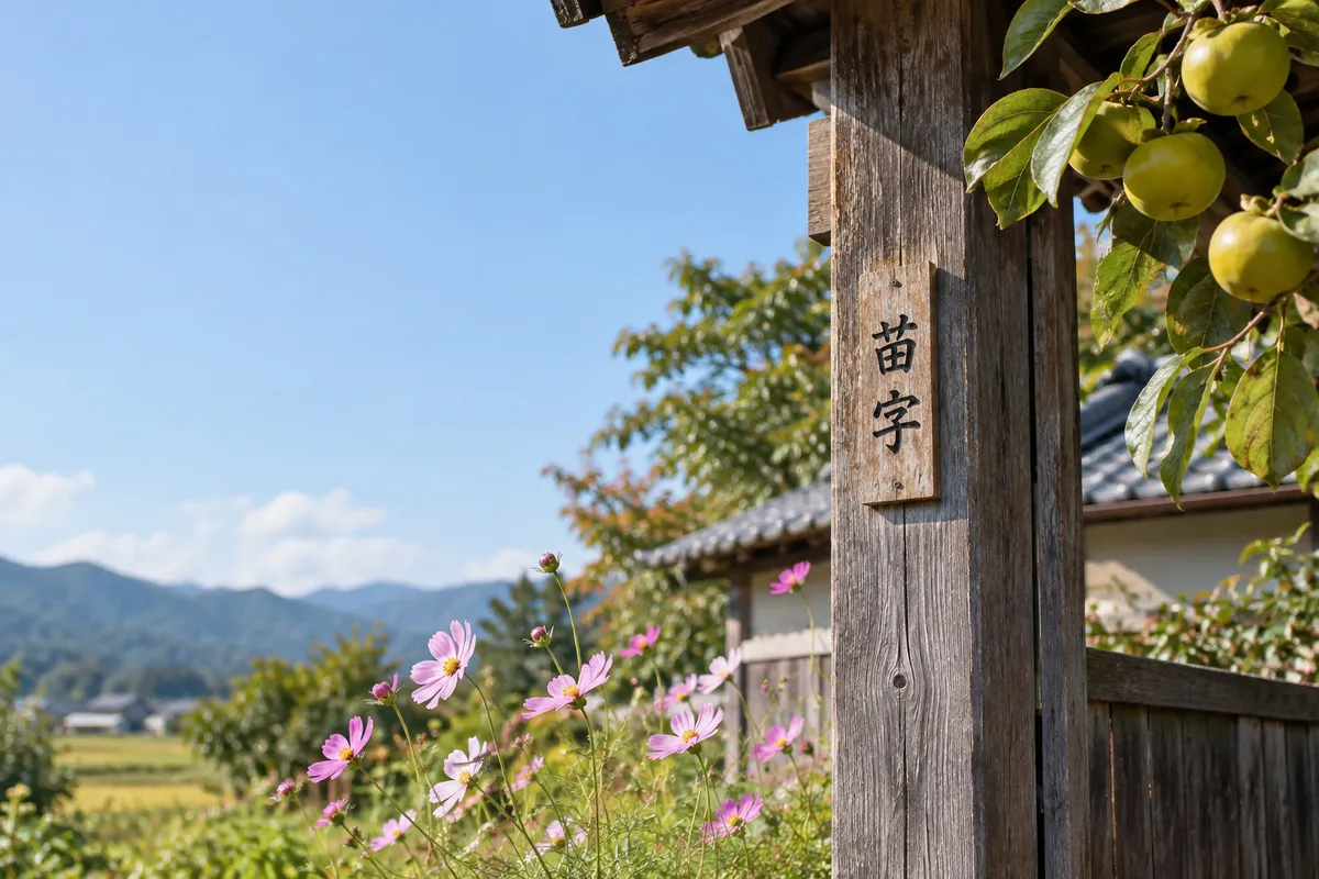 「苗字」と書かれた木の表札と門柱
