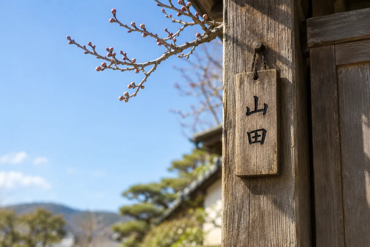 「山田」と書かれた木の表札と梅のつぼみ