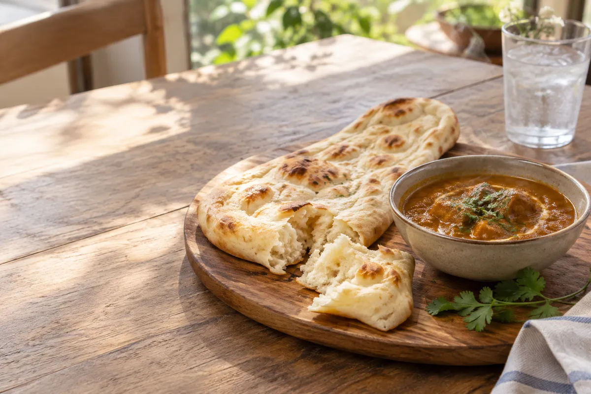 手でちぎったナンとカレーの器が並ぶ食卓
