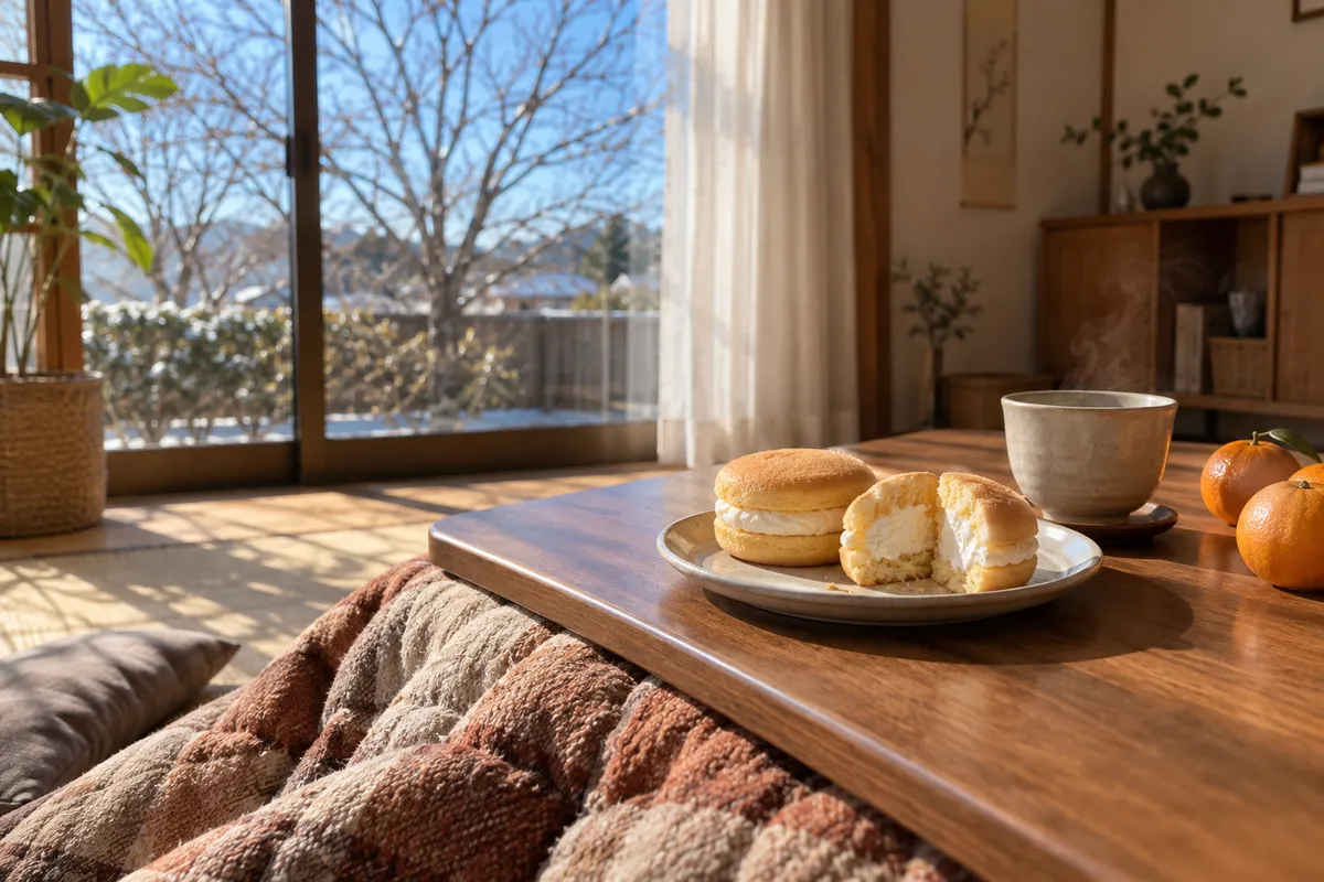 こたつの上の、クリームを挟んだ丸いお菓子とみかん