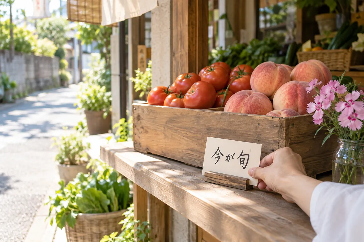 青果店の店先で手書きの札「今が旬」を置く手元