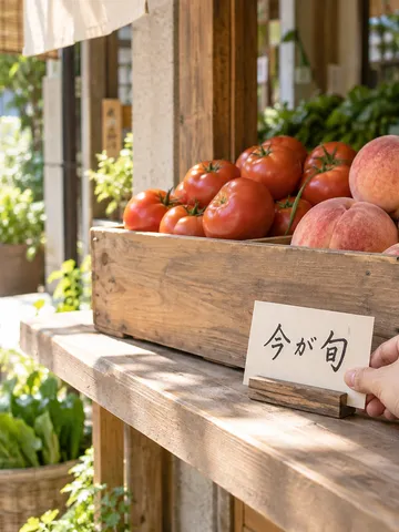 青果店の店先で手書きの札「今が旬」を置く手元