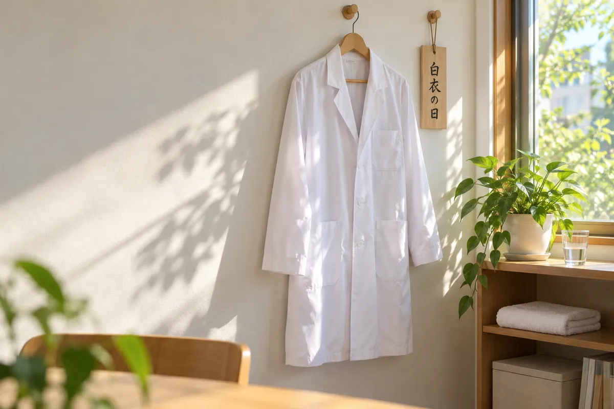 白衣と「白衣の日」の札が掛かる明るい部屋