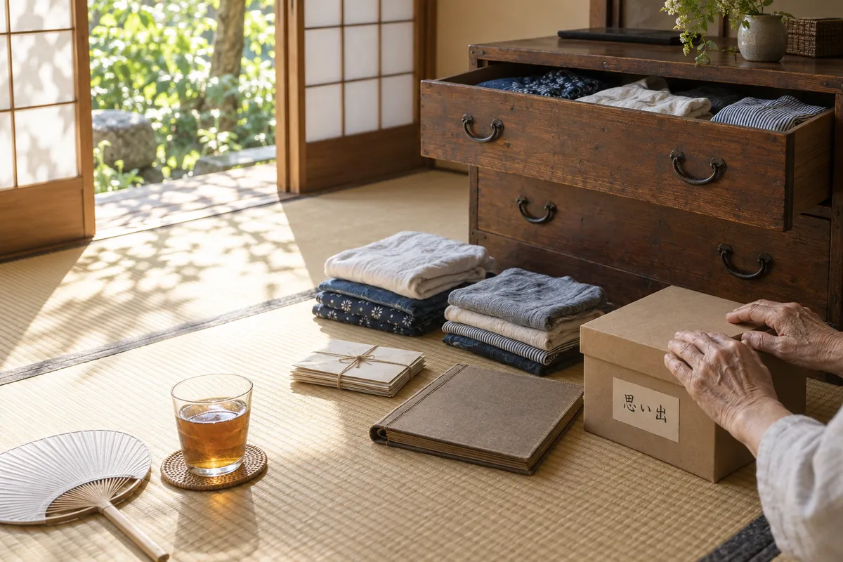 引き出しを開けた和室で思い出の箱を整理する手元