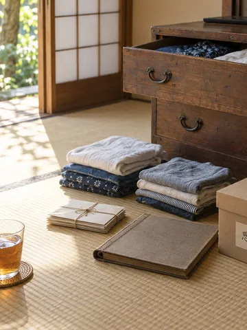 引き出しを開けた和室で思い出の箱を整理する手元