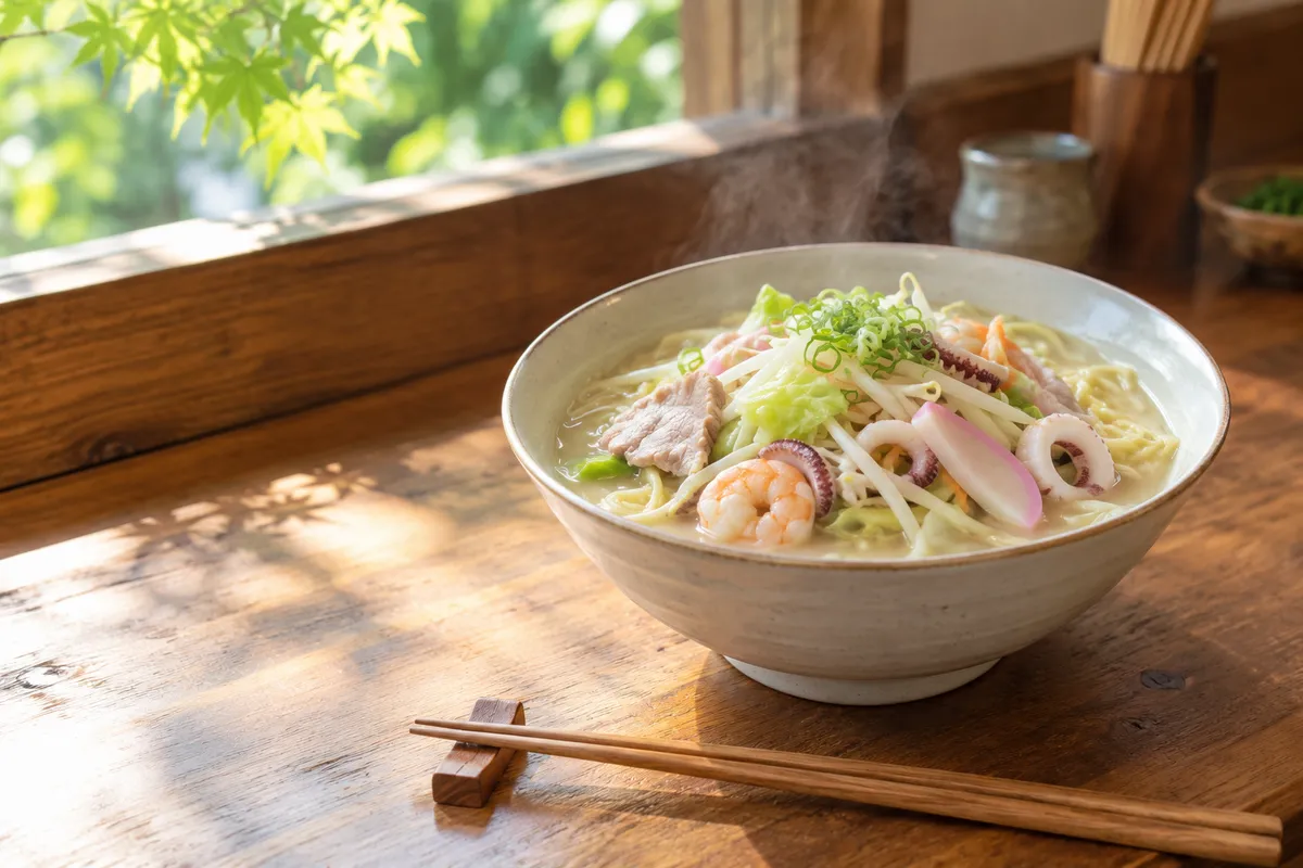 具だくさんの湯気の立つ麺の器と箸
