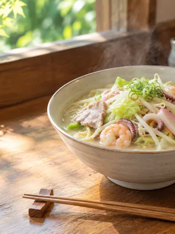 具だくさんの湯気の立つ麺の器と箸