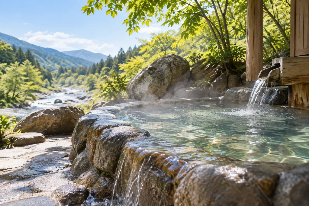 木の湯口から湯があふれる、日なたの露天風呂