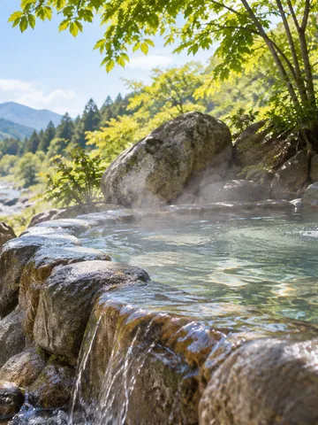 木の湯口から湯があふれる、日なたの露天風呂