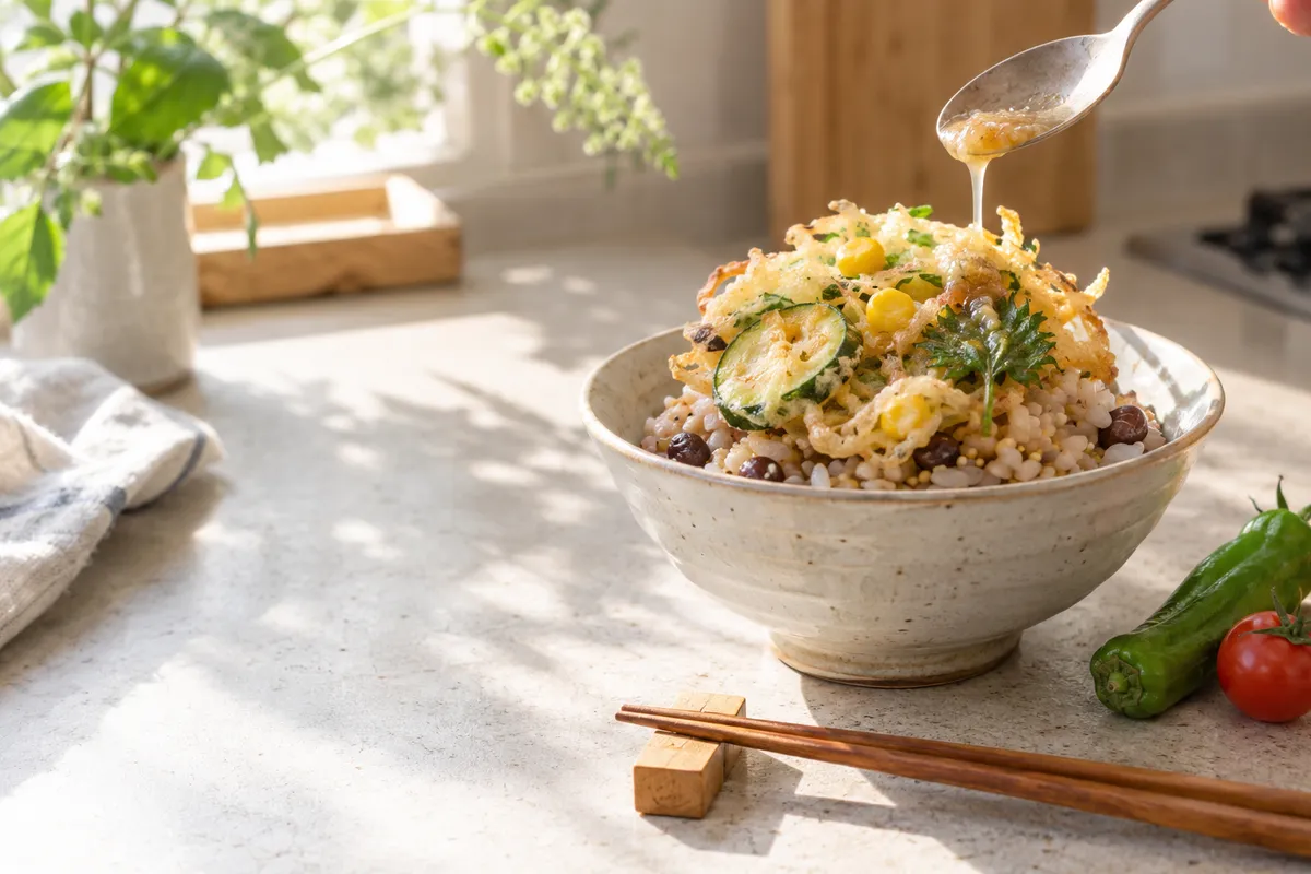 粟と豆のごはんに丸い夏野菜のかき揚げをのせた一杯