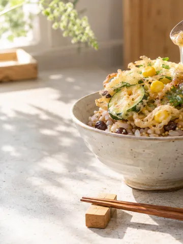 粟と豆のごはんに丸い夏野菜のかき揚げをのせた一杯