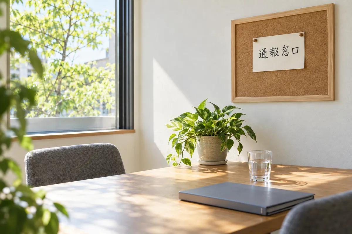 「通報窓口」と書かれた札のある明るいオフィスの一角