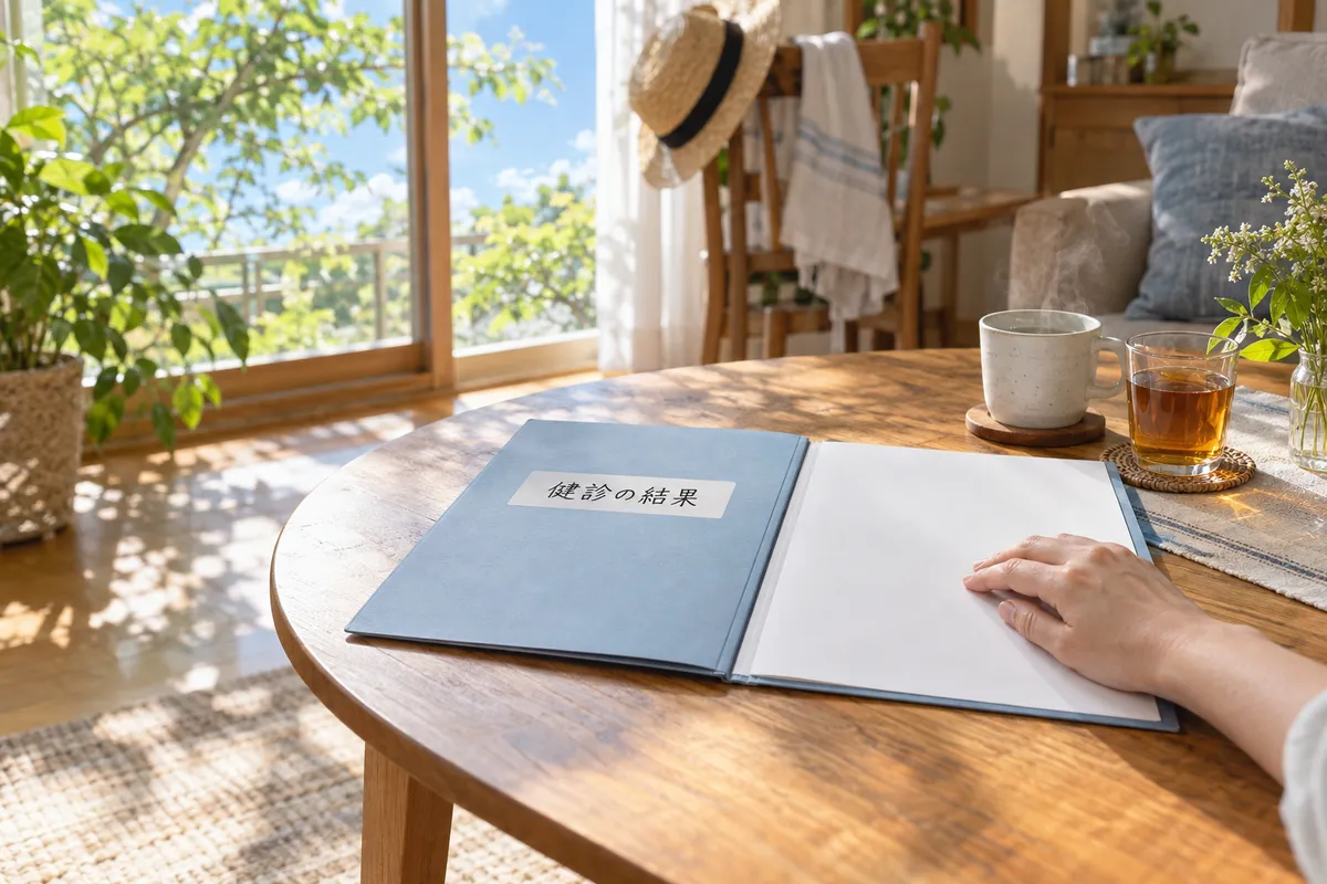「健診の結果」と書かれたファイルと白湯のある居間