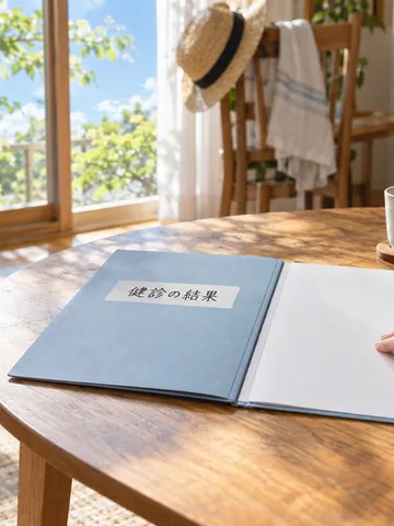 「健診の結果」と書かれたファイルと白湯のある居間