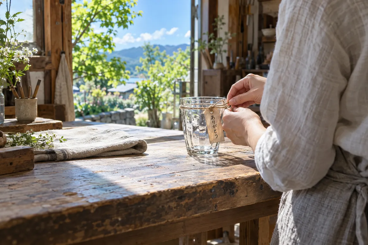 作業台のグラスに結ばれた「ありがとう」の木札