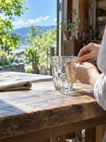 作業台のグラスに結ばれた「ありがとう」の木札