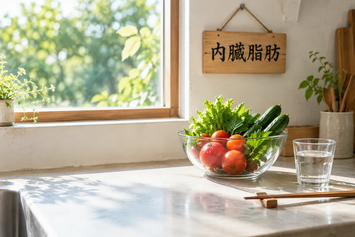 「内臓脂肪」の札と夏野菜のある台所
