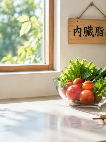 「内臓脂肪」の札と夏野菜のある台所