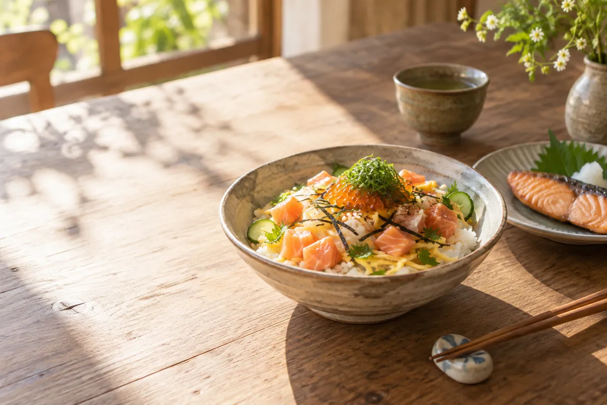 ちらし寿司と焼き鮭の切り身が並ぶ昼の食卓
