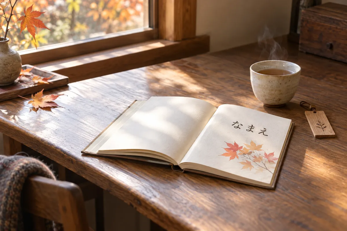 窓辺の机に置かれた「なまえ」の本と木の名札