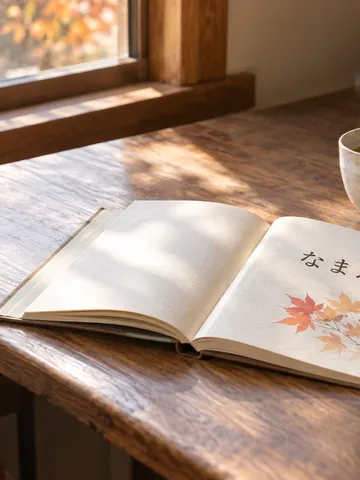 窓辺の机に置かれた「なまえ」の本と木の名札