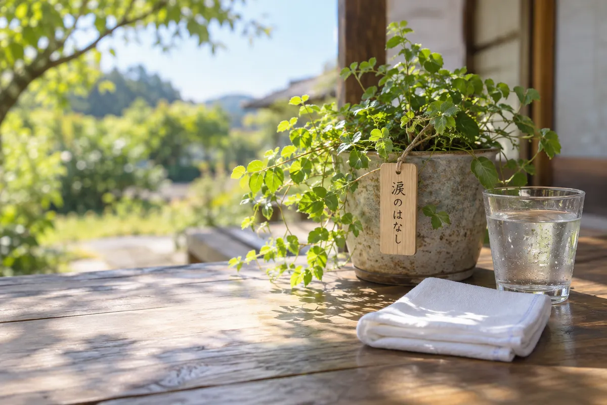 「涙のはなし」と書かれた木の札と水のグラス