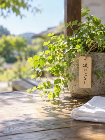 「涙のはなし」と書かれた木の札と水のグラス