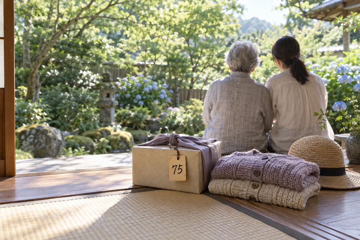 「75」と書かれた木の札と縁側に並ぶ親子の後ろ姿