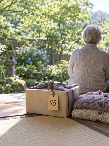 「75」と書かれた木の札と縁側に並ぶ親子の後ろ姿