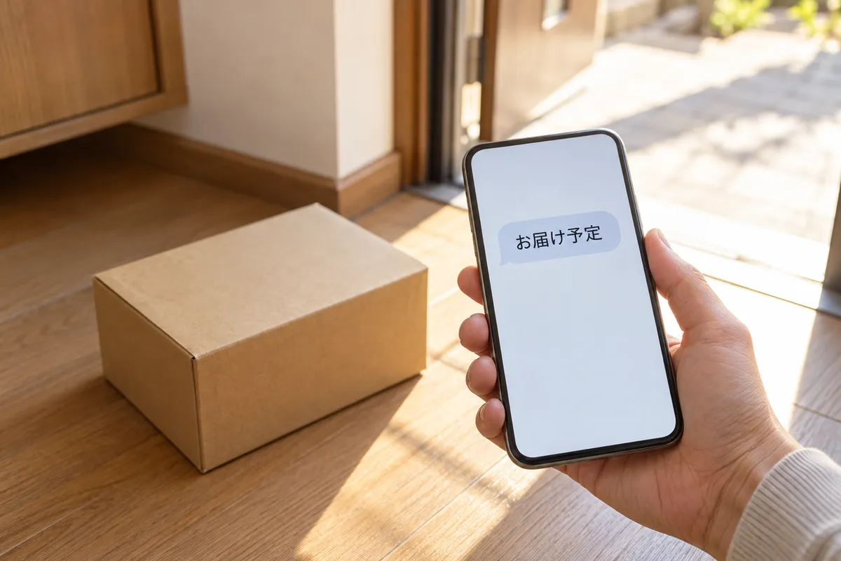 玄関で届いたSMSを確認するスマホの手元