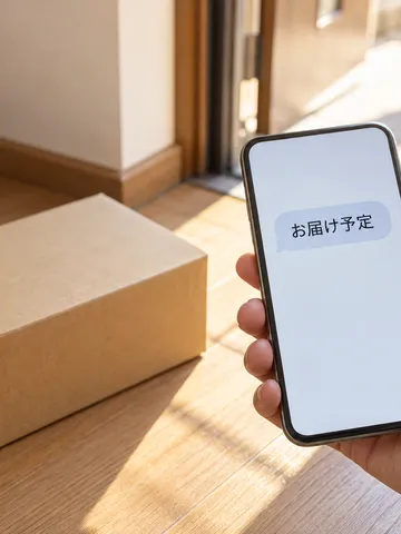玄関で届いたSMSを確認するスマホの手元