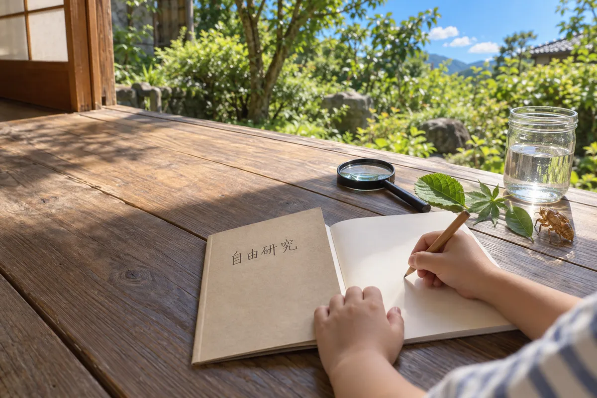 縁側でノートに自由研究を書く子どもの手元