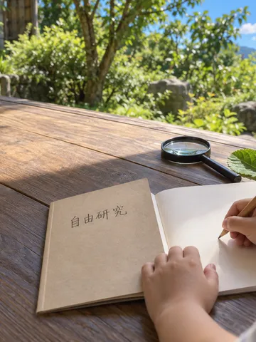 縁側でノートに自由研究を書く子どもの手元