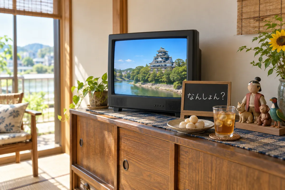 岡山城が映る小さなテレビと手書きの札