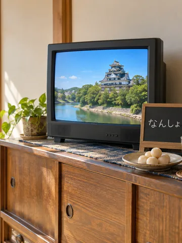 岡山城が映る小さなテレビと手書きの札