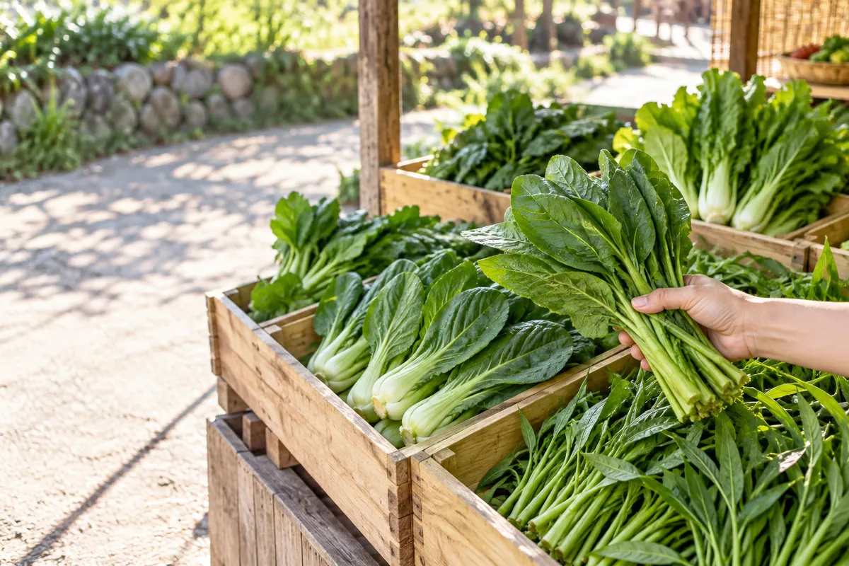 八百屋の店先に並ぶ夏の葉物野菜